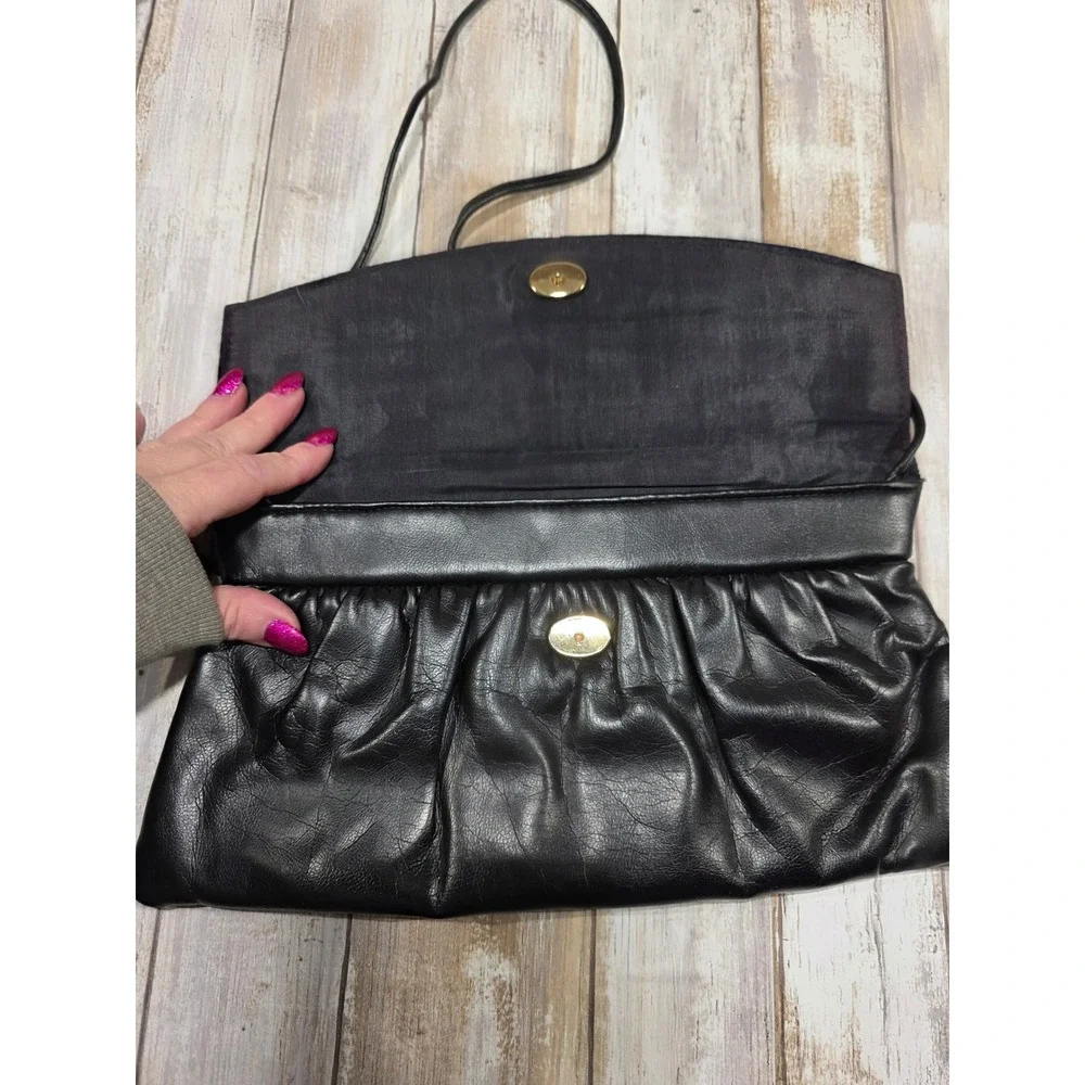 Vintage Black Leather Clutch‎ Handbag Shoulder Strap Evening Bag & HL USA Bag
